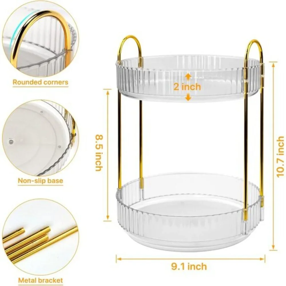 New 360° Spinning Makeup Organizer, 2-Tier Rotating Cosmetic Holder for Vanity